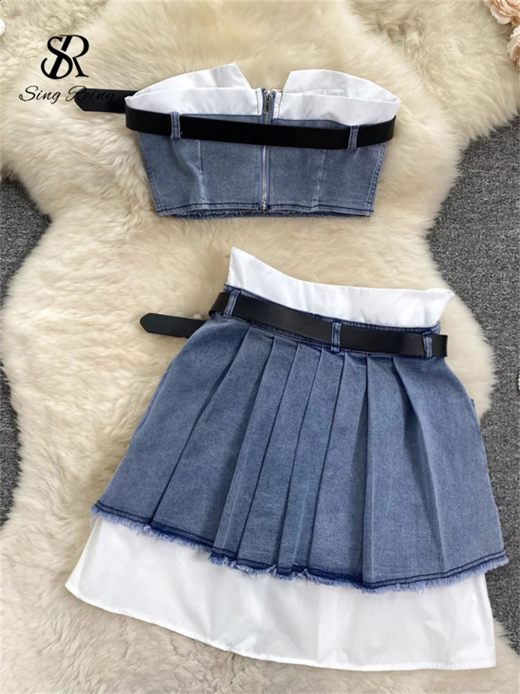 SINGREINY Fashion American Retro Y2K Sexy Denim Suits Women Strapless Mini Top Pleated Mini Skirt Vintage Beach Two Pieces Set 250319