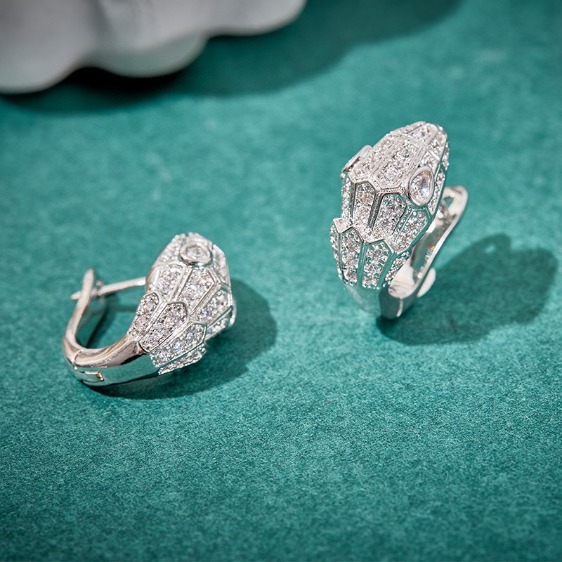 Designer Collection Small Stud Earrings Inlay Czech Zircon Diamond Plated Gold Color White Green Eyes Snake Serpent Snakelike Ear Clip