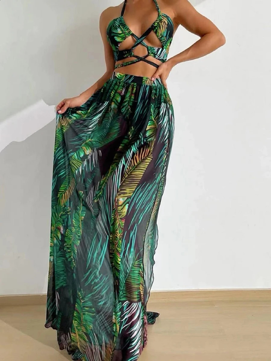 Halter Cross Bikini Hollow Swimsuit Beach Dress 3 Piece Sexy Swimwear Women Bathing Suit Padded Beachwear Swimming Summer 250319