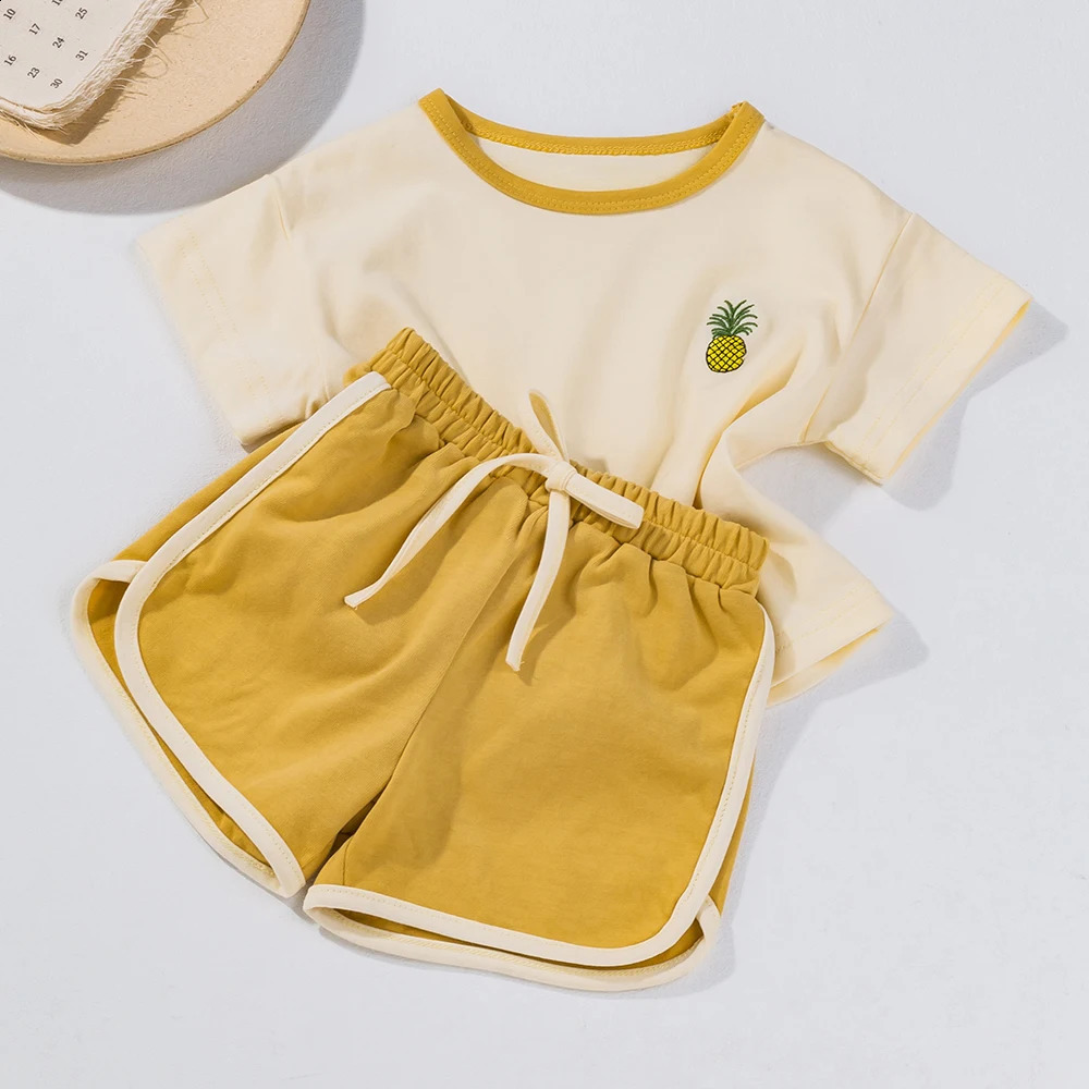 2pcs Baby Girls TShirts Pineapple Embroidery Color Block Short Sleeve Tees Top Elastic Waist Shorts Clothes Set Kids Summer 250319