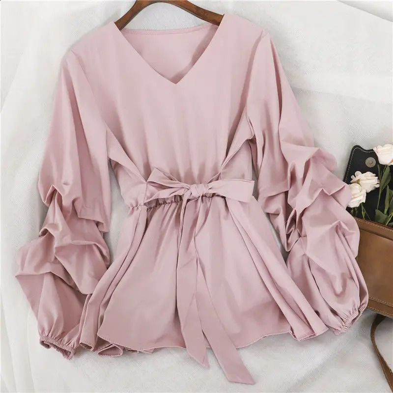 Womens Spring Lantern Sleeve Abdominal Top Warm Waist Office Exposed Collar Chiffon Shirt 250319