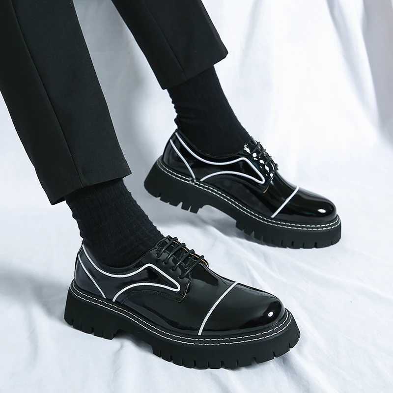 Mens black formal shoe tie shoelaces artificial patent thick soled leather business shoesXJ250319