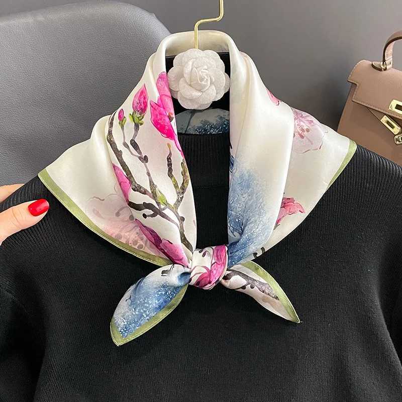 53cm natural silk scarf with collar and collar foard Bandana small hair fashionable floral tie for women 2024 new item X250319