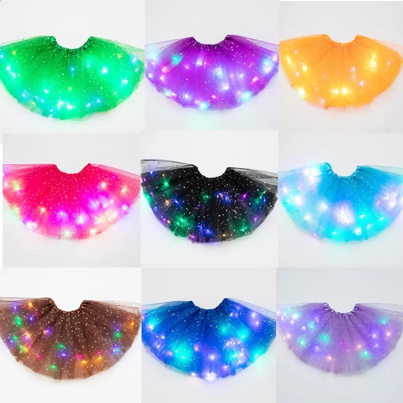 LED Glowing Light Girls Tulle Star Short Tutu Skirt Children Fancy Ballet Dancewear Party Costume Ball Gown Mini Skirt 250319