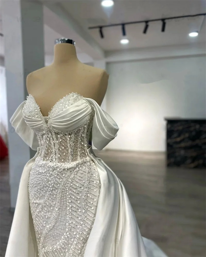 Elegant Mermaid Wedding Dress Sweetheart Neck Off Shoulder Bridal Gowns Beaded Sequins Detachable Train Dresses Custom Made vestidos de novia