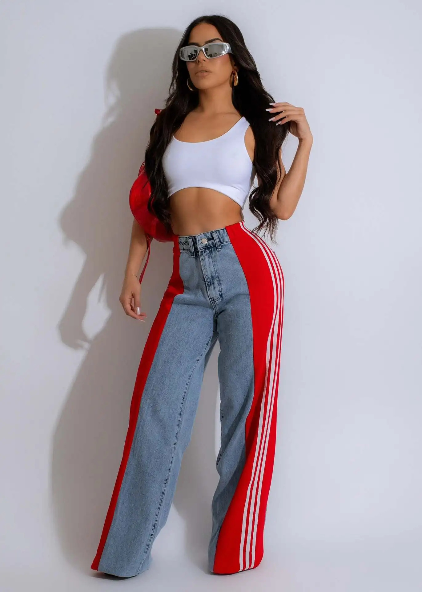 Fashionable womens jeans summer loose patch work high waist comfortable street can wear casual wide leg pants 250317