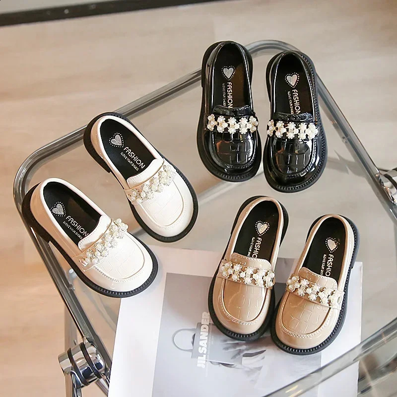Kids PU Leather Shoes Spring Autumn Fashion Girls Pearls Casual Princess Flats Soft Loafers Simple Children Black Beige 250319