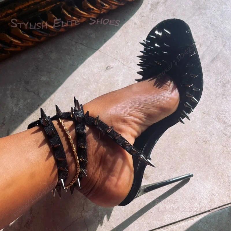 Sandals Round Toe Full Rivet Stiletto Strap Heel Black Women Ankle Wrap With Gold Stone Trim Cover Fringe Shoes