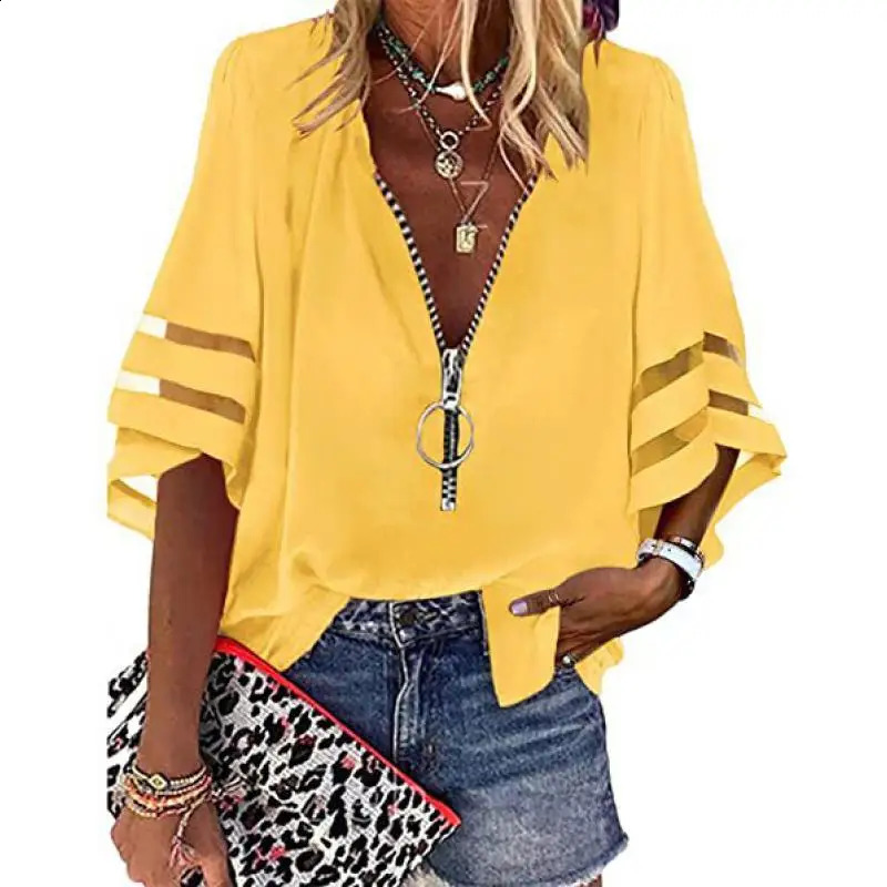 Womens casual loose Vneck half flat sleeve shirt for spring and summer 2025 womens spliced zipper solid 250319