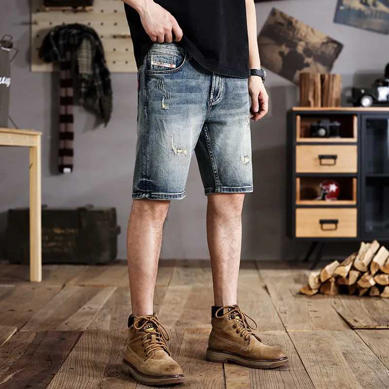 New American Teen Retro Denim Shorts Mens Summer Tight Pants Street Tight Elastic Five Minute Pants W250319