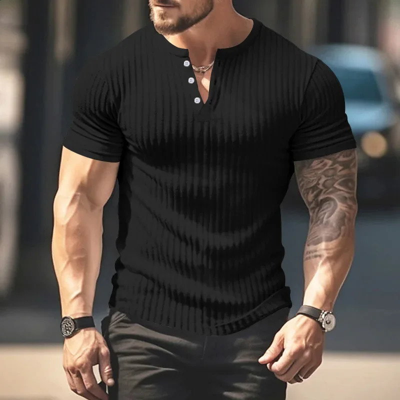 Fashion Europe and the United States solid color summer short-sleeved foreign trade Henry shirt casual knitted T-shirt 250319