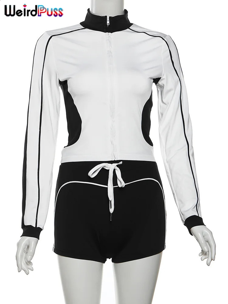 Weird Puss Casual Sporty 2piece Set Women Fall Trend Zip Hipster Patchwork Crop JacketShorts Matching Classic Tracksuit Outfits 250318