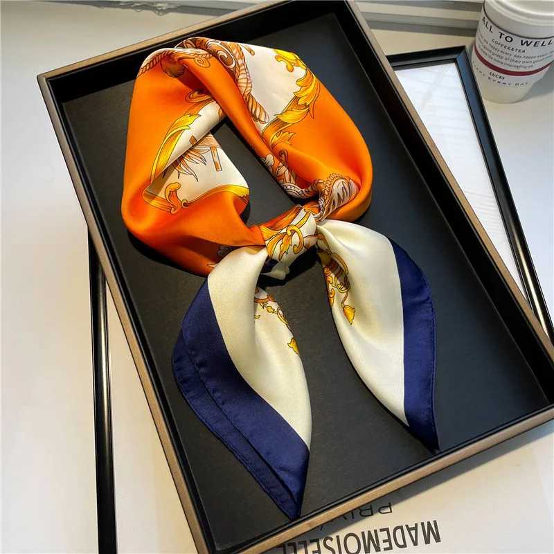 Elegant satin square scarf orange and blue altar print imitating silk scarf breathable and windproof fashionable accessory X250319