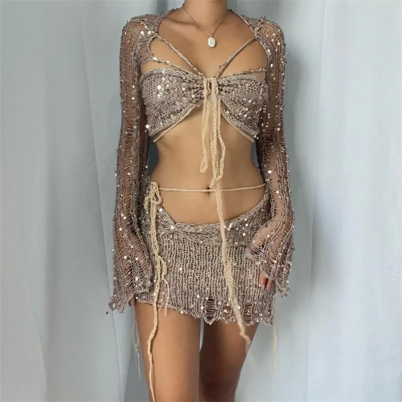 Sexy Sequined Knitted Sweater Party Dresses 3 Piece Skirt Sets Womens Outfits Flare Long Sleeve See Through Clue Wear Dress 250318