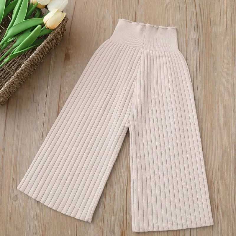 2024 Autumn New Knitted Wide Leg Pants Korean Boys and Girls Woolen Pants Childrens Casual Pants Loose Stripes TrouserT250318