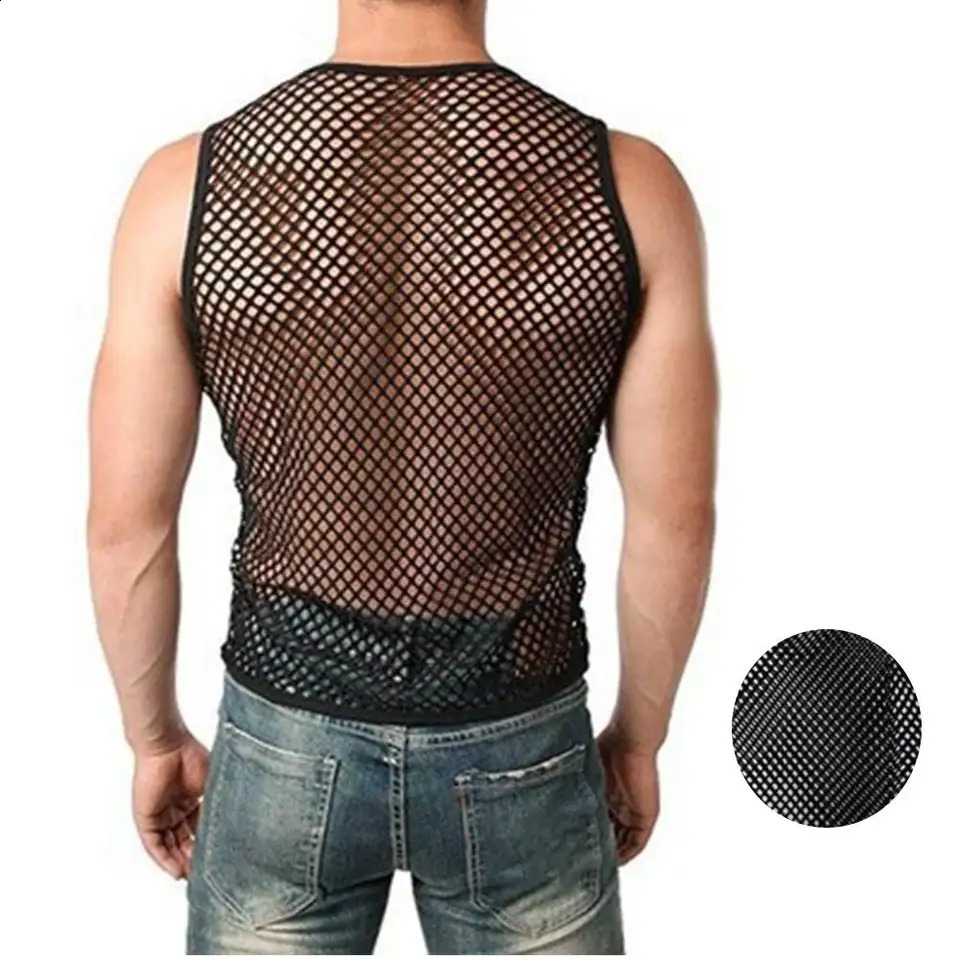 Mens Sexy Tank Top Transparent Mesh Undershirt Fishnet Vest String Sleeveless Shirts Male See Through Night Clubwear Slim Sport 250319