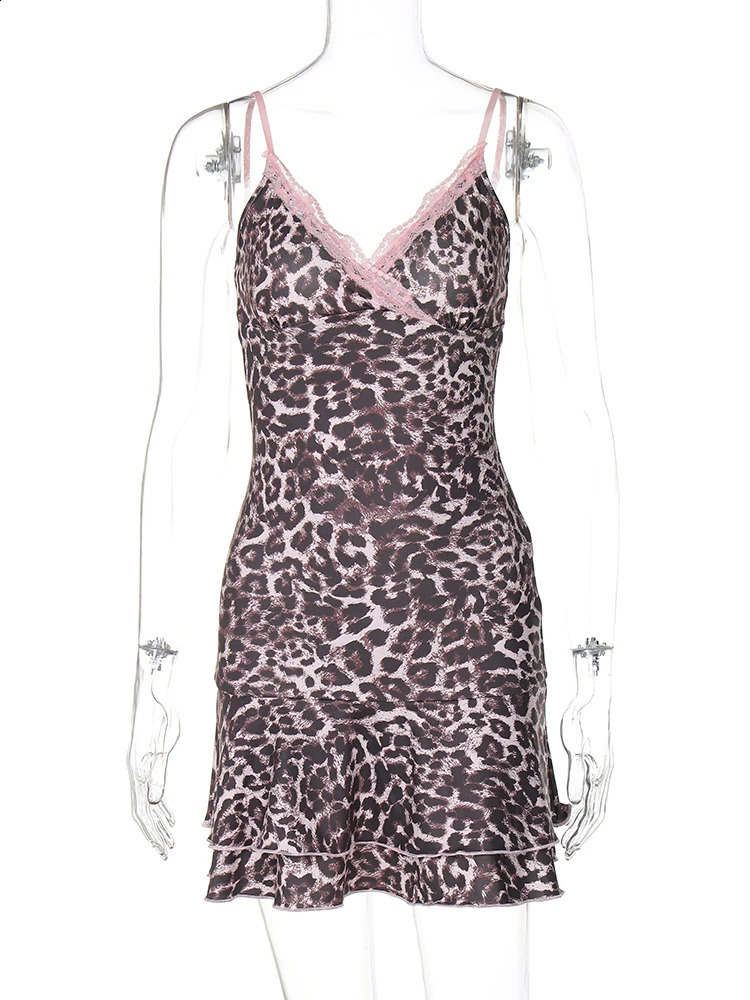 Hugcitar Fashion Leopard Print Slips Patchwork Lace Sexy Slim Pleated Mini Dress Summer Women Party Festival Y2K Outfits 250319