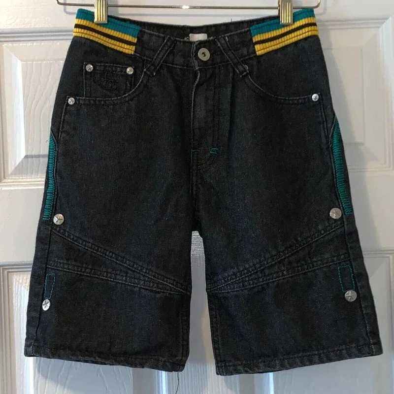 Summer Empyre deep blue skateboard denim shorts patch work embroidery loose jeans wide leg pants hip-hop rock street new pants W250319