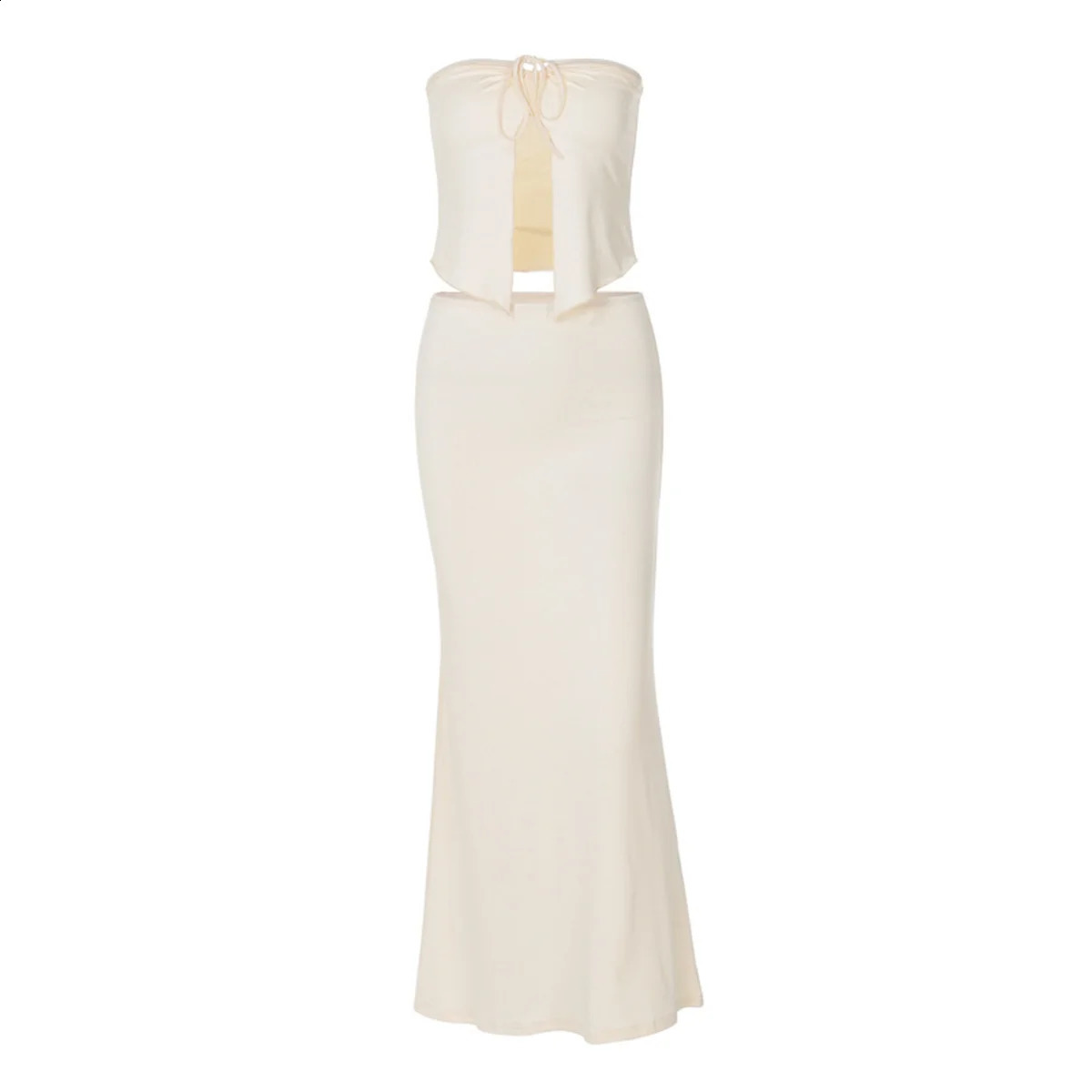 Chic Sleeveless Summer Elegant 2 Pcs Sets Strapless Solid Lace Up Cardigan Sexy Top Maxi Skirt Women Outfits Party Y2K 250318