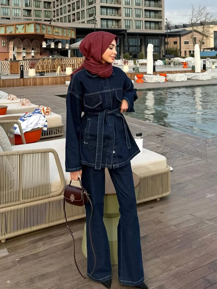 Retro belt denim Trouser set womens lapel pocket long sleeved jacket zipper straight leg pants 2025 spring premium 250319