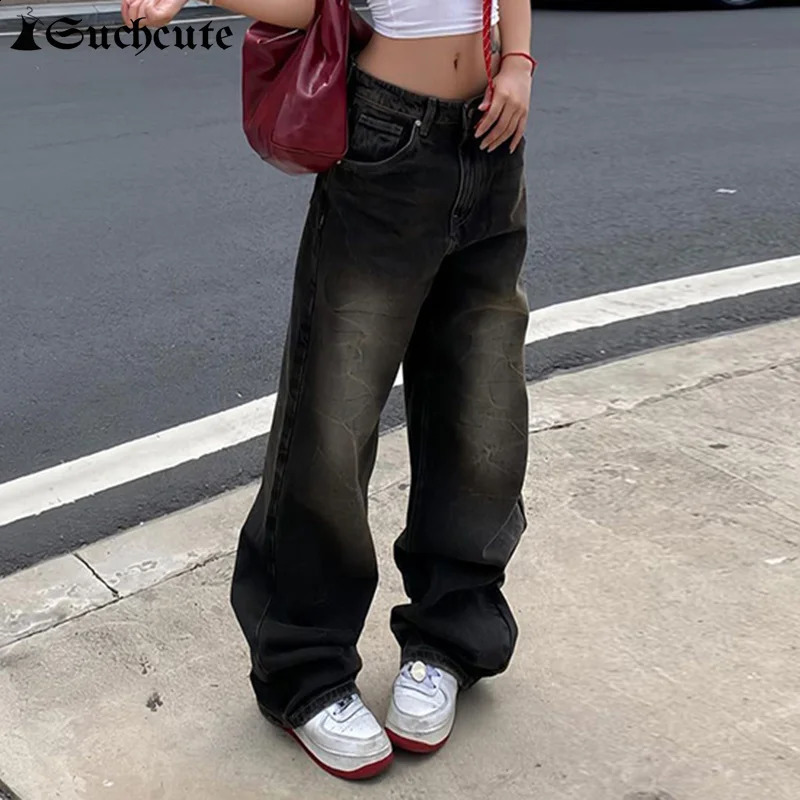 SUCHCUTE low rise womens Gothic jeans Y2K style bagged punk wide leg Kpop casual loose streetwear 250317