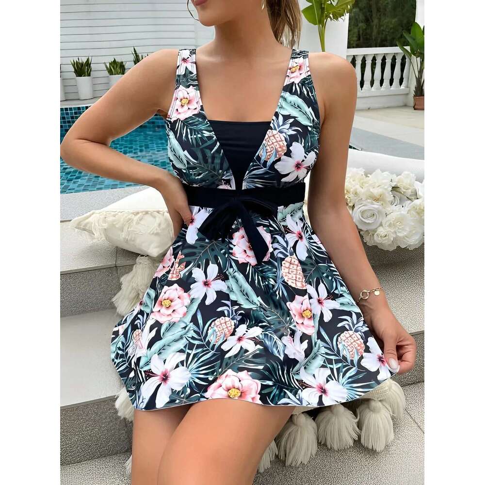 Women's one-piece swimsuit, skirt, push up, tropical print, beachwear, warm spring, women's swimsuit
