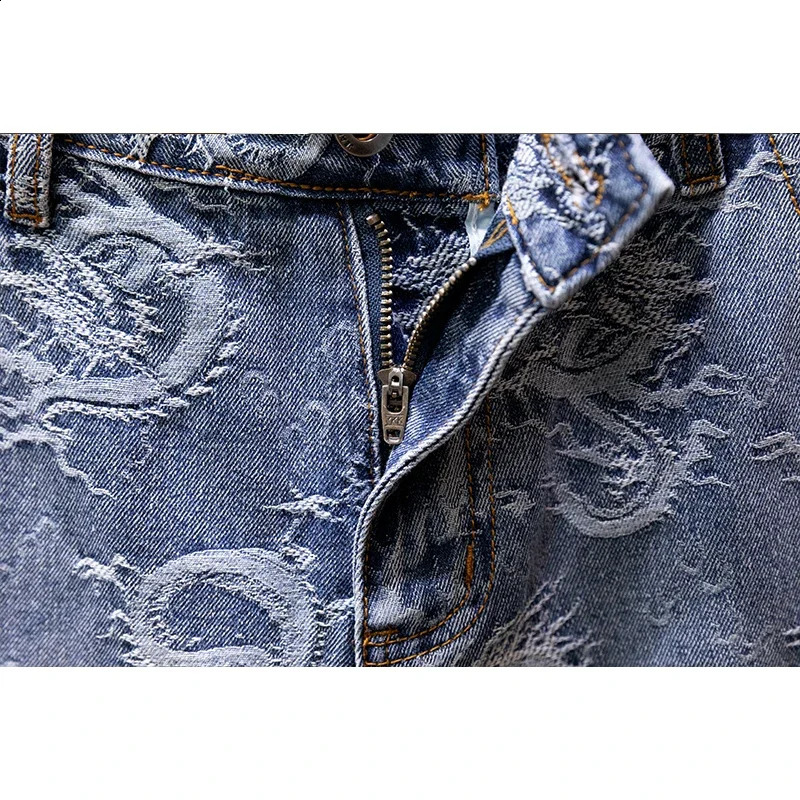 2024 Summer Thin Personalized Dragon Pattern Fashion Loose Denim Shorts for Men Street Straight Blue Male 250319