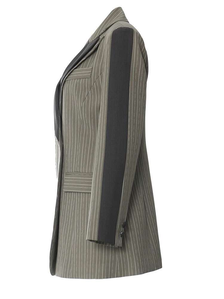 Green Striped Color-Block Elegant Blazer Women New Lapel Long Sleeve Jacket Fashion Tide Spring Autumn 2025 1Dh6394