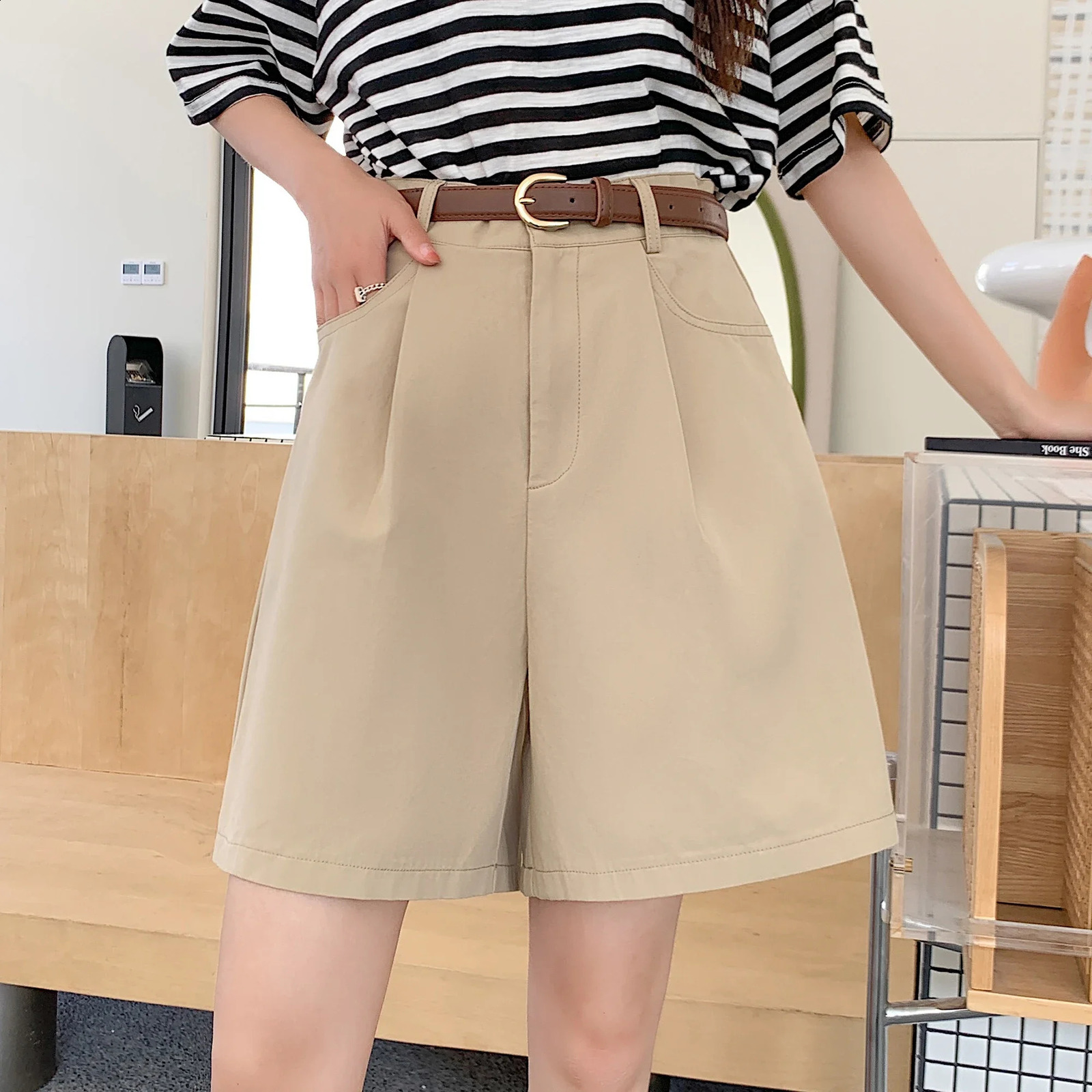 High Waist Summer Cotton Linen Womens Workwear Cargo Shorts Casual Loose Wide Leg Pants Fashionable Short Pants 250318