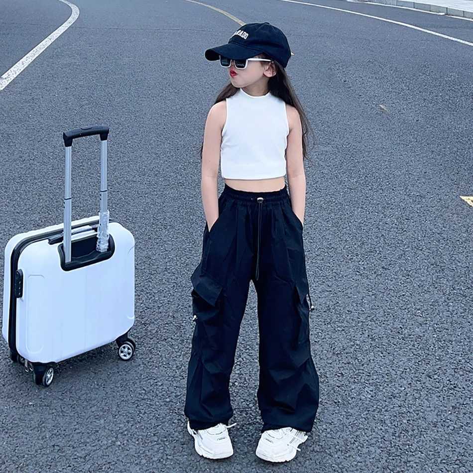 Unisex Kids Casual Cargo Long Pants with Adjustable Waist Straight Fit for Comfortable and Style Ideal for Dance and Daily UseT250318
