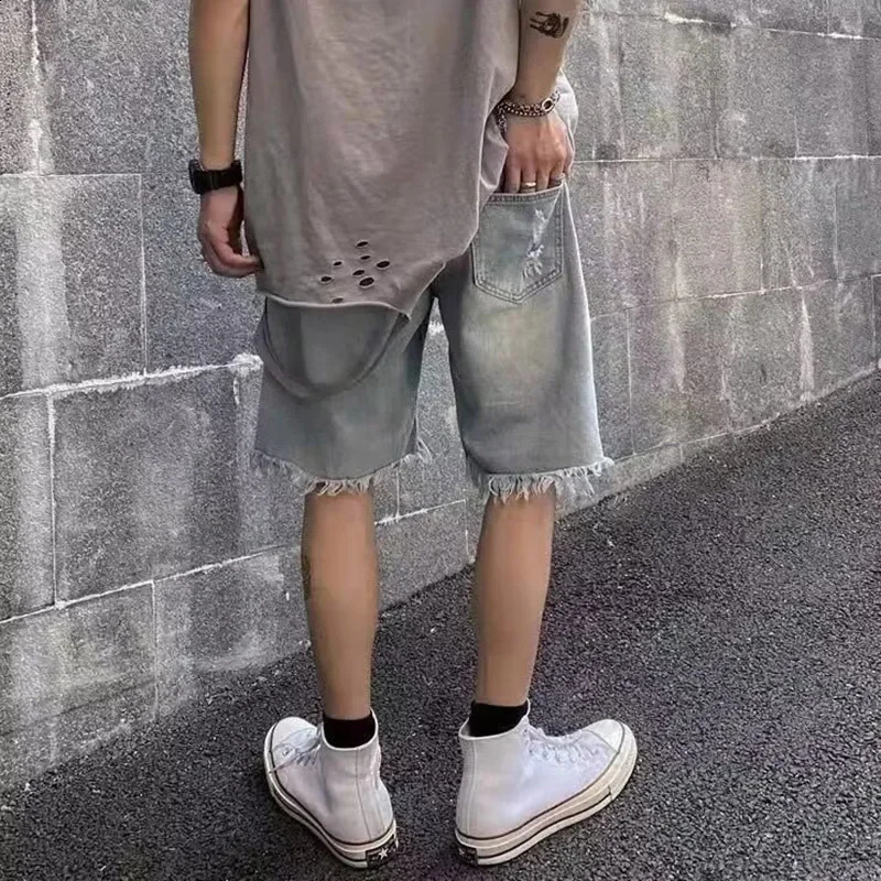 Mens Retro Hollow Open n Straight Jeans Shorts Street Clothing Trend 2025 SpringSummer Fashion Denim 250319