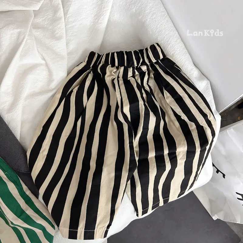 Vintage Black/green Stripe Little Boys Pants Spring Fall Cotton Breathable Kids 7 Points Pants Children Trousers with PocketsT250318