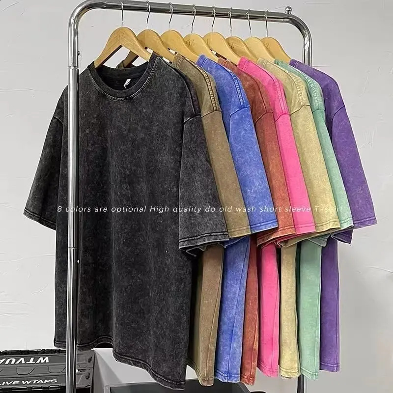 230g American Plus Size Mens 100% Cotton Acid-Washed T-shirts Solid 3D Puff Print Vintage Tee Hip Hop High Street Oversized Top 250319