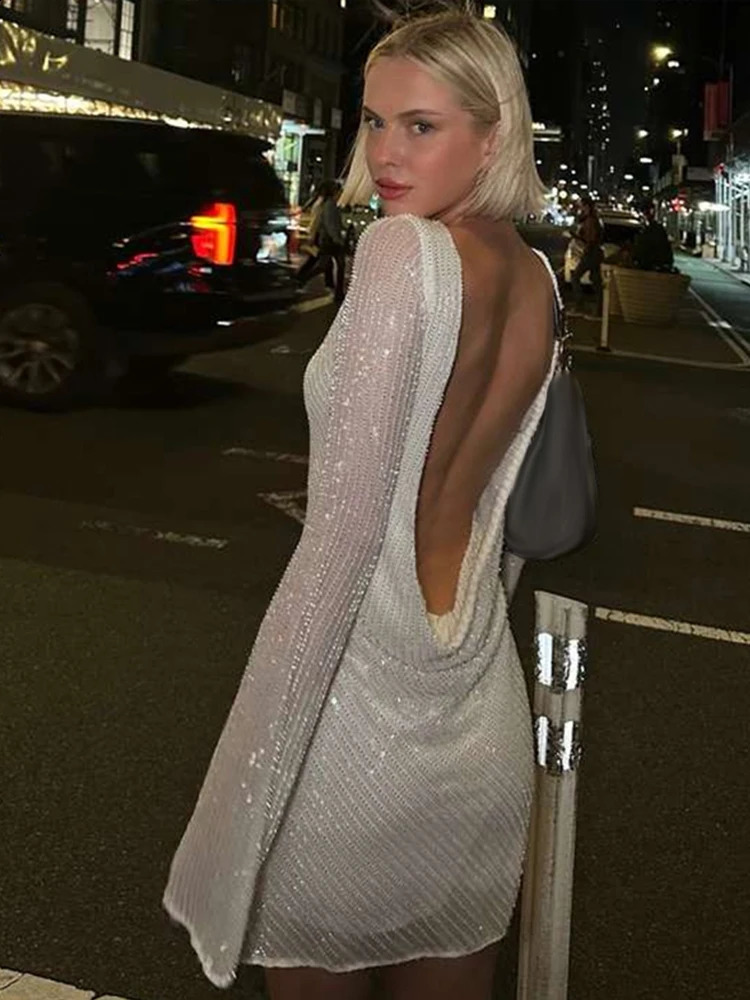 Elegant Backless Sequins Mini Dress For Women Sexy Long Sleeve O-neck Short Dress Lady Y2K Evening Party Chic Vestidos 250319