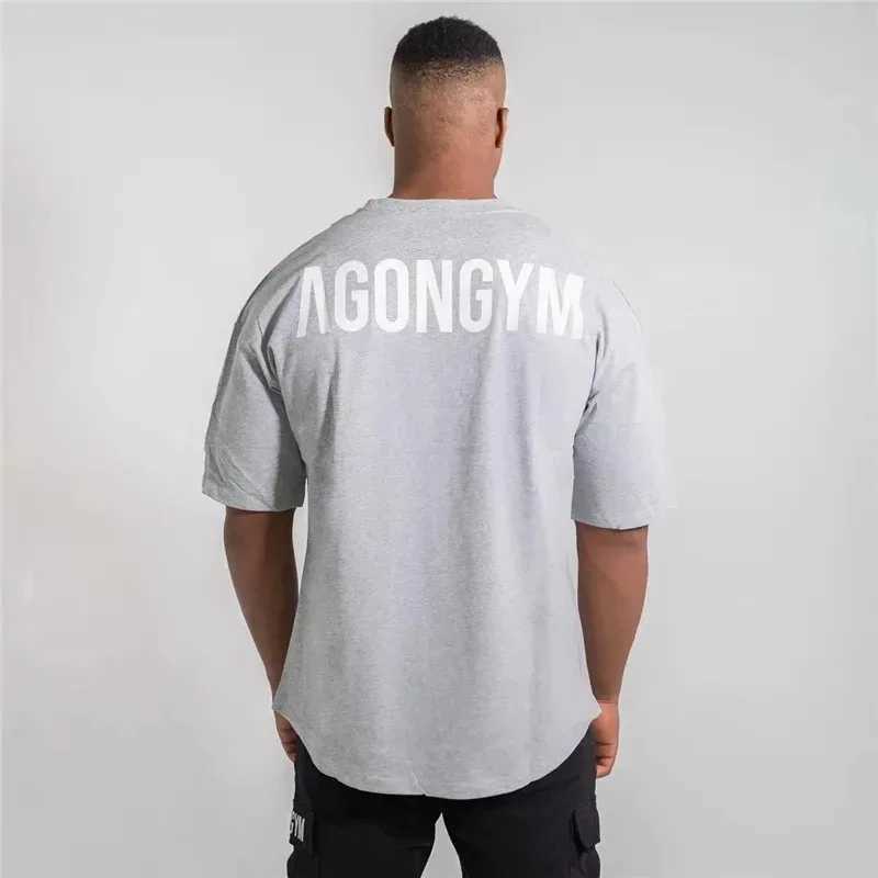 Gym fitness Agongym Health oversized loose T-shirt cotton mens muscle short sleeve gym mens running sports T-shirt short sleeveT250319