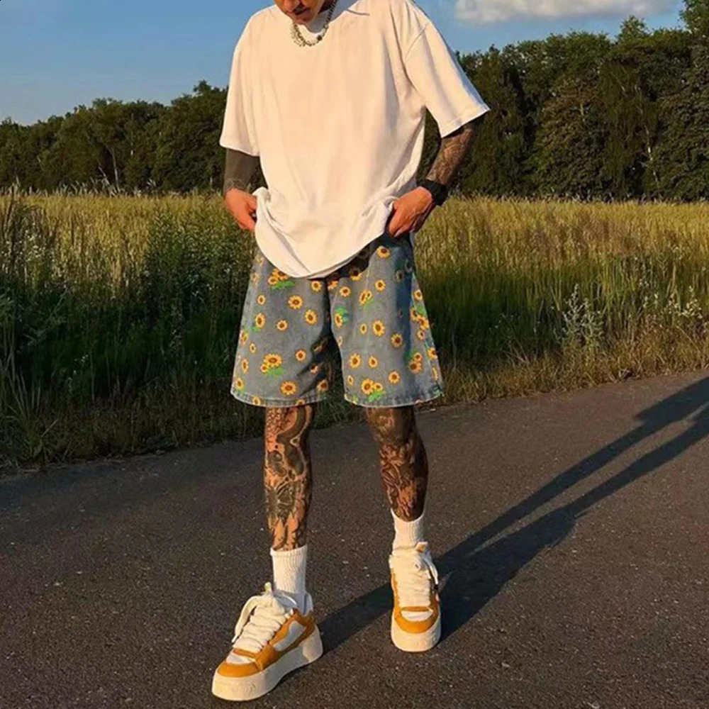 Denim Shorts Mens Summer High Street Capris Men Techwear Oversize Leisure Pants Unisex Streetwear Y2k Daisy Loose Jeans 250319