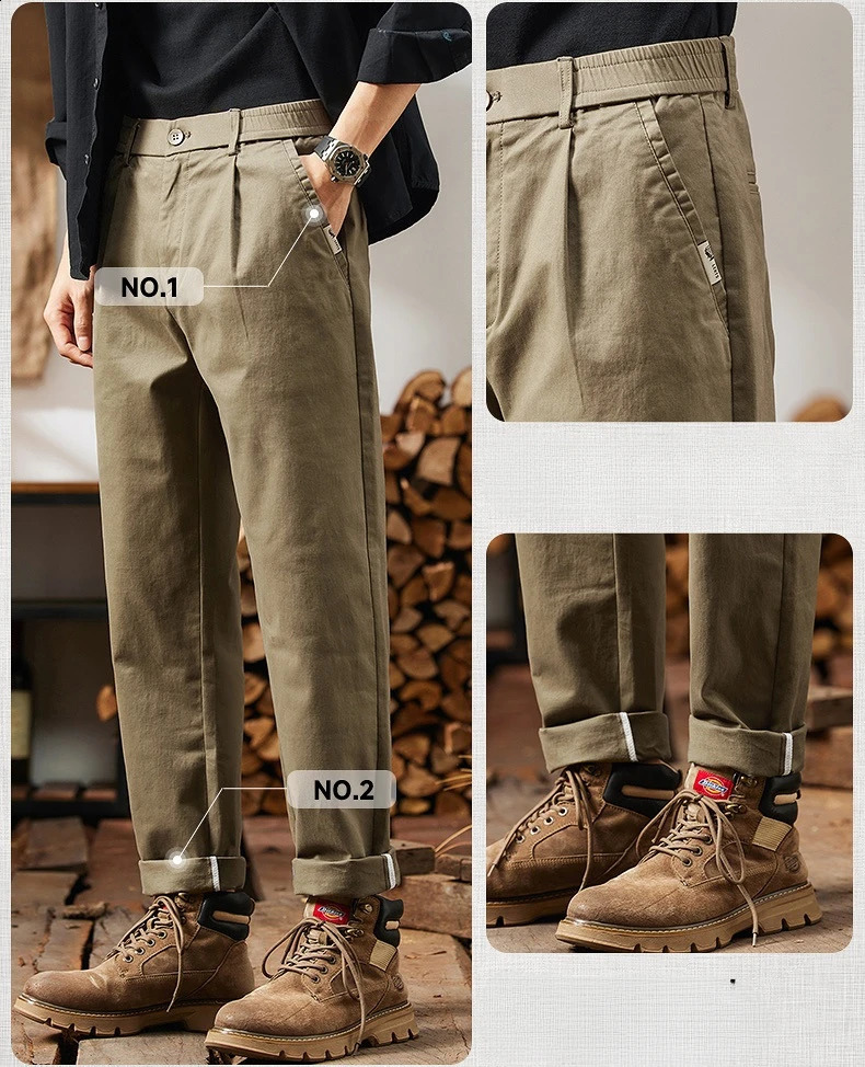 2025 mens straight pants elastic waist Chino Trouser freight casual cotton spring Korean golf suit 250319