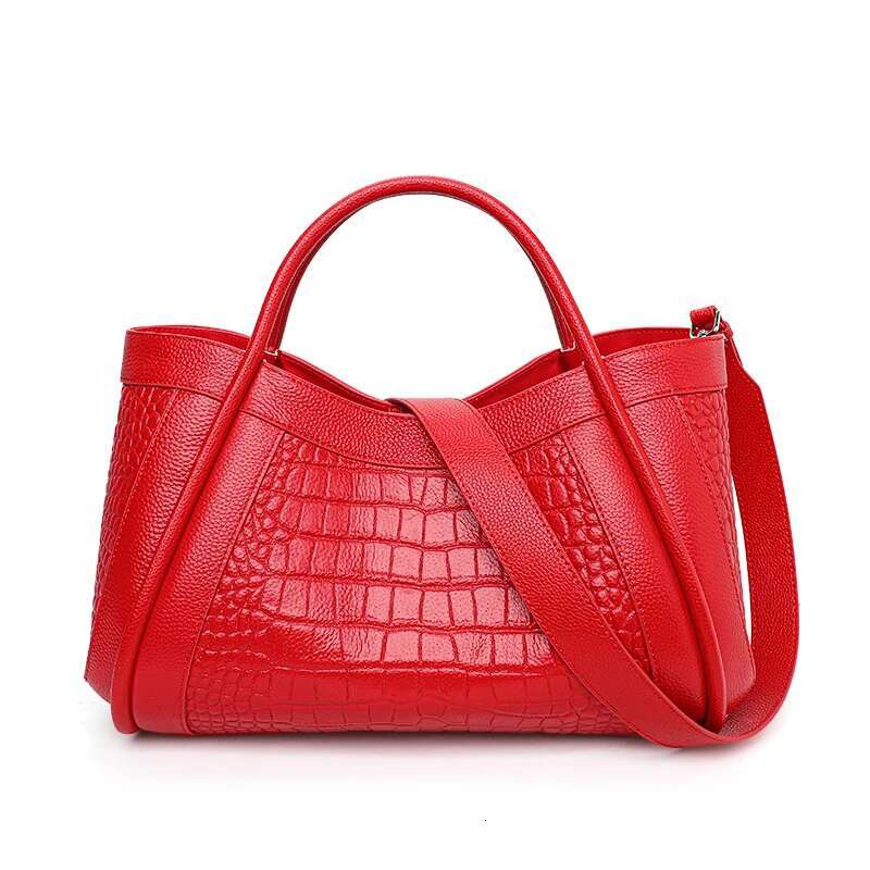 Aidrani Fashion Genuine Leather Women's Handbag Red Crocodile Pattern Large Capacity Commuting Multi Functional Cowhide One Shou