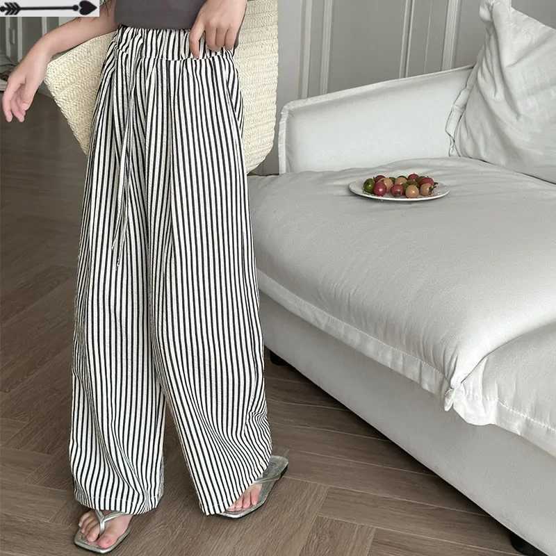 Teenage Girls Summer Pants Thin 2024 New Childrens Striped Wide Leg Pants Daily Casual Full Competition Children Trouser 6 8 10 12 Years OldT250318