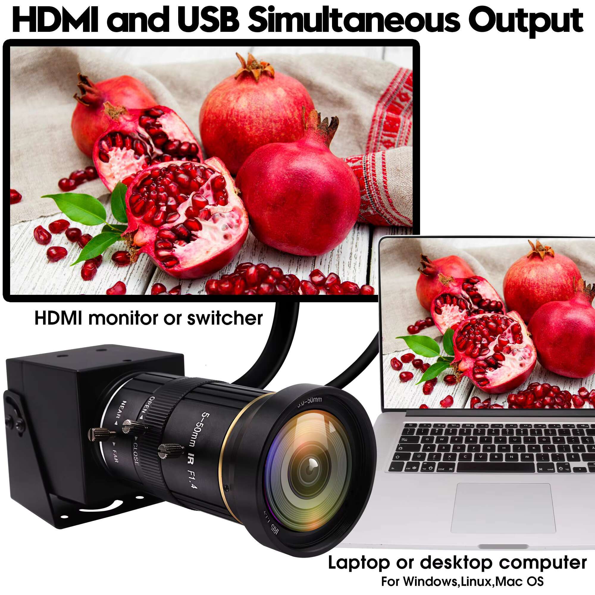 ELP 4K 60FPS 3.0 Camera USB C HDMI Simultaneous Output High Speed Webcam 10x Zoom for Industrial Inspect Automation