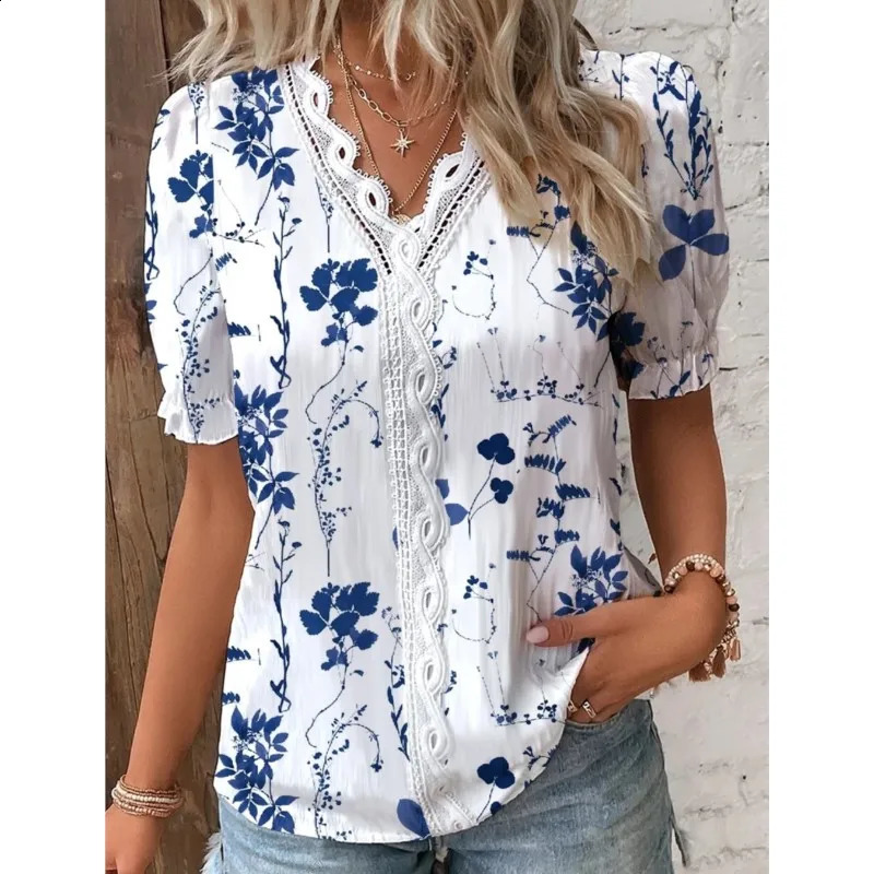 Summer Vneck lace decal printed womens shirt 2024 elegant office short sleeved floral zipper 250319