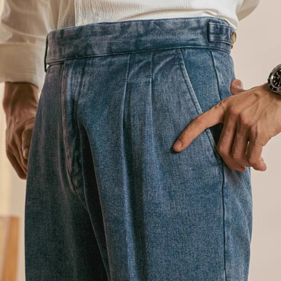 Mens Autumn Naples High Waisted Washed Double Pleat Jeans England Straight Solid Soft Pants Slim Fit Draped n 2025 250311