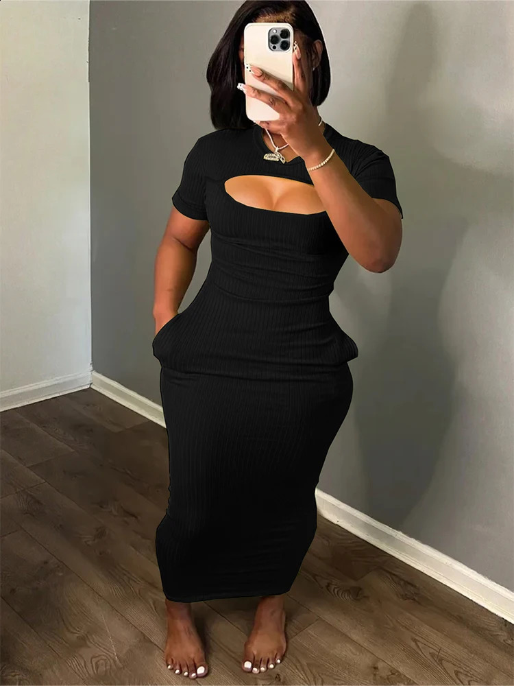 Plus Size Hollow Hip Wrap Pocket Dress Elegant Short Sleeve Round Neck Basic Sexy Knit 250319