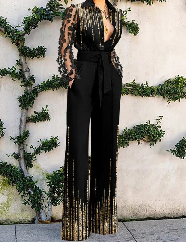 Sexy Jumpsuits Women Fashion Versatile Lace Patchwork Flared Loose Y2k Jump Suits for Female Streetwear SpringSummer 250319