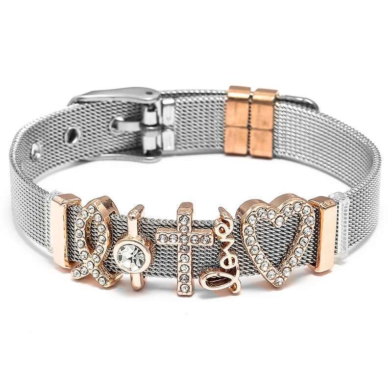 10mm Love Crystal Cross Beads Stainless Steel Mesh Bracelets Charm Keeper Bracelets Bangles For Women Men Fashion Jewelry Gift
