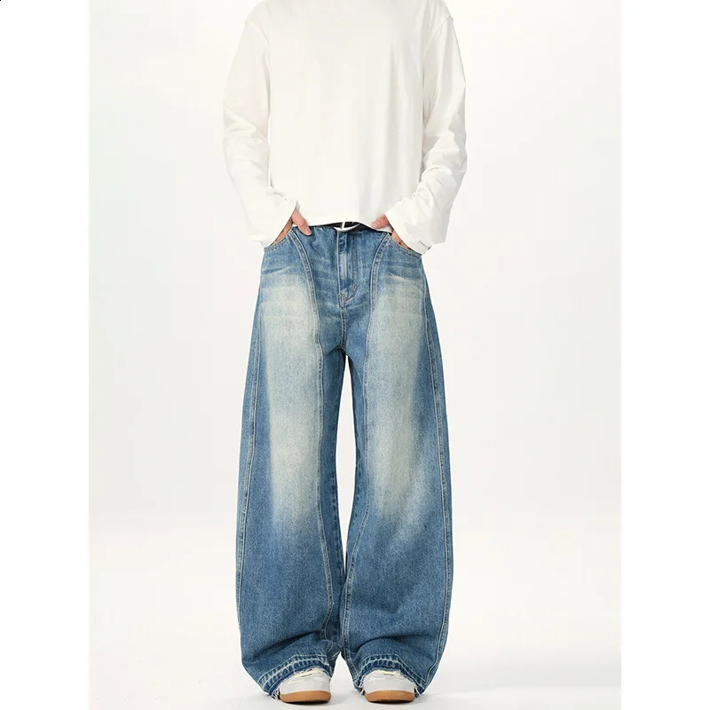 Mens jeans pocket casual autumn and winter plus size straight wide leg pants American street fashion mens clothing 250317
