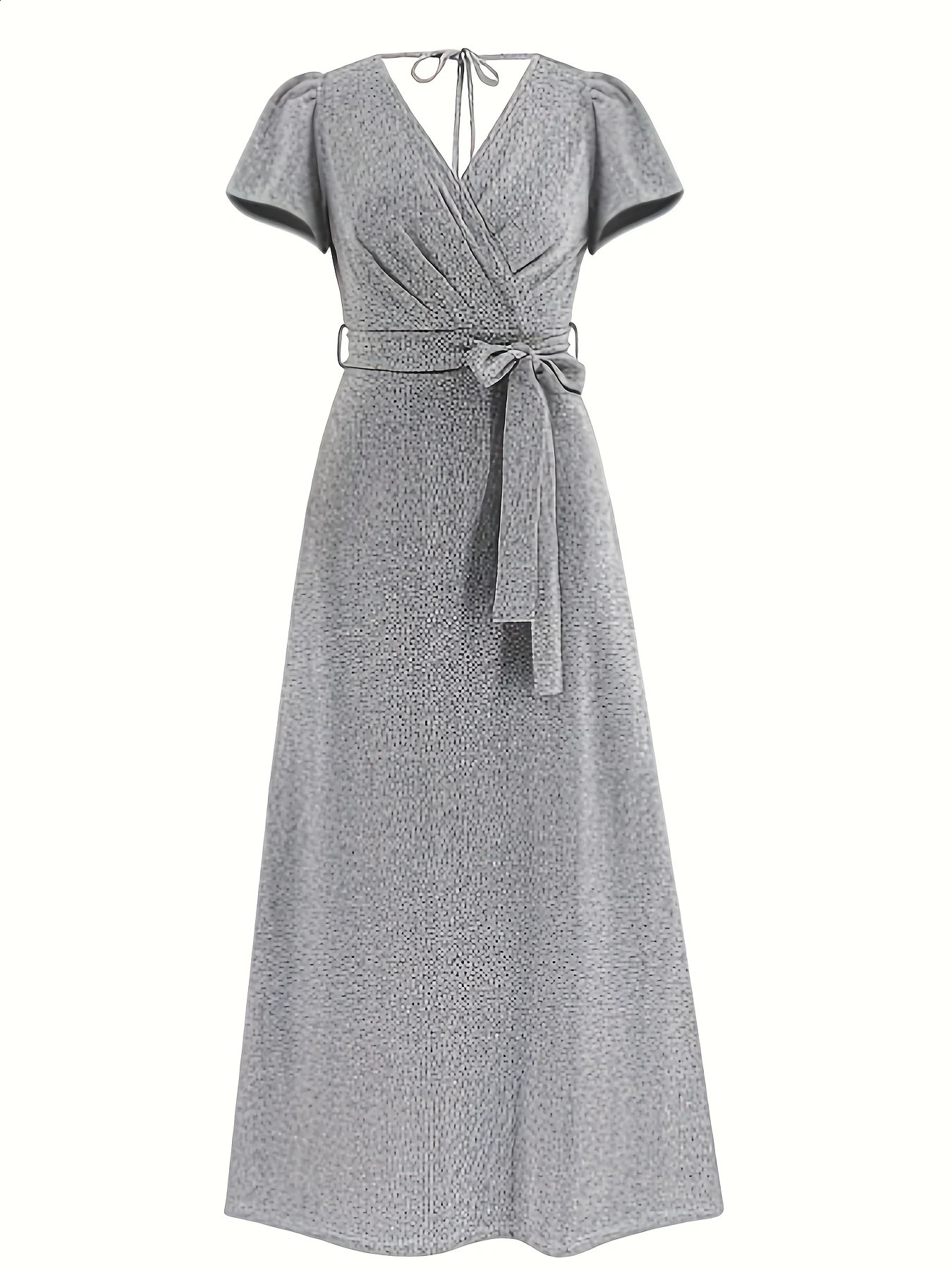 Plus Size Casual Dress Solid Short Sleeve Surplice Neck Maxi With Belt 250319