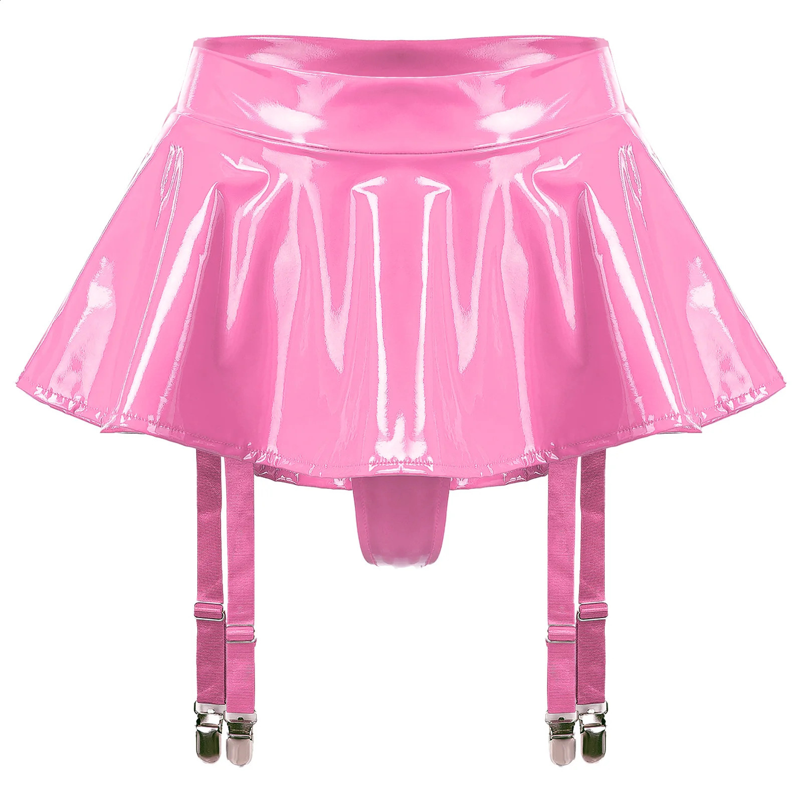 Womens Glossy Patent Leather Ruffle Mini Skirt Built-in Thongs Garter Belts Metal Clips Shorts Miniskirt Wet Look Rave Clubwear 250313