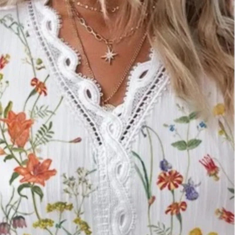 Summer Vneck lace decal printed womens shirt 2024 elegant office short sleeved floral zipper 250319
