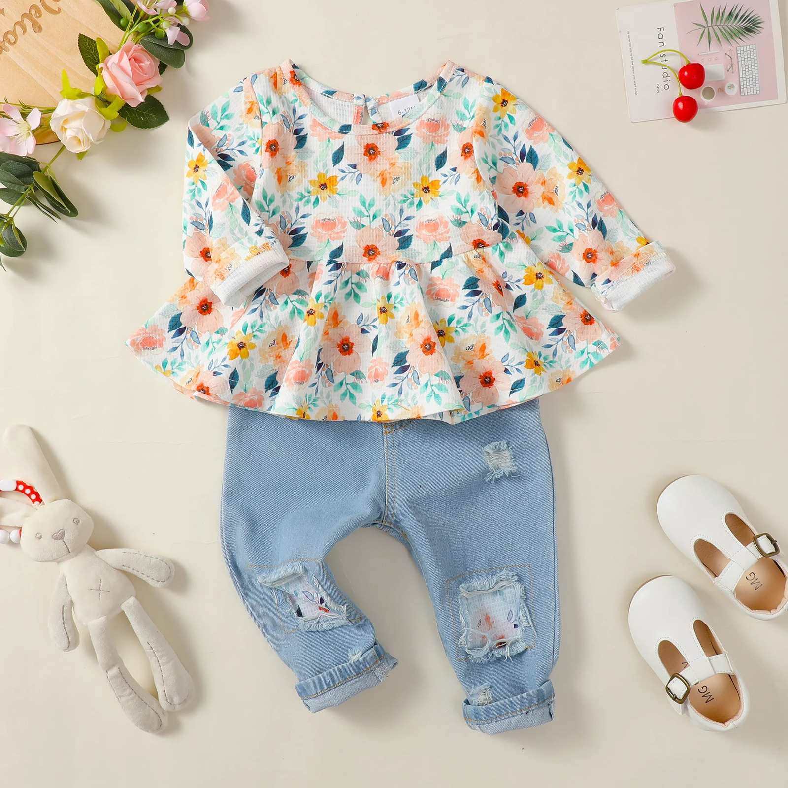 1-4 Years Kids Girls Suit Long Sleeve Flower Ruffle TopsElastic Waist Denim Pants 2pcs Set Toddler Girl Clothes Spring Outfit 250319